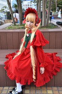 Rating: Safe Score: 0 Tags: 1girl blonde_hair blurry bonnet building depth_of_field dress frills house long_hair long_sleeves outdoors pantyhose pavement red_dress shinku shoes smile solo standing tile_floor tiles white_legwear User: admin