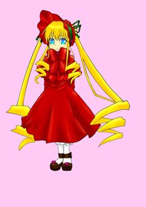 Rating: Safe Score: 0 Tags: 1girl blonde_hair blue_eyes bonnet bow dress drill_hair full_body image long_hair long_sleeves looking_at_viewer red_dress shinku shoes simple_background solo standing twin_drills twintails User: admin