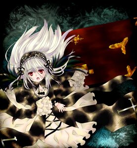 Rating: Safe Score: 0 Tags: 1girl dress flower frills hairband image lolita_hairband long_hair long_sleeves open_mouth red_eyes silver_hair solo suigintou User: admin