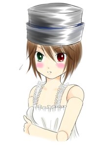 Rating: Safe Score: 0 Tags: 1girl bare_shoulders blush brown_hair dress flying_sweatdrops frills green_eyes hat heterochromia image looking_at_viewer red_eyes short_hair simple_background solo souseiseki upper_body white_background User: admin
