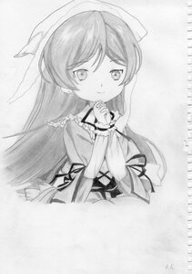 Rating: Safe Score: 0 Tags: 1girl bangs closed_mouth dress eyebrows_visible_through_hair frills graphite_(medium) greyscale hands_clasped hands_together hat image interlocked_fingers long_hair long_sleeves looking_at_viewer monochrome own_hands_together smile solo suiseiseki traditional_media upper_body User: admin