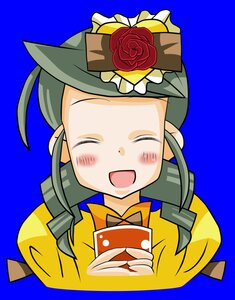 Rating: Safe Score: 0 Tags: 1girl ^_^ blue_background blush chocolate closed_eyes flower food green_hair hat image kanaria open_mouth red_flower red_rose rose simple_background smile solo User: admin