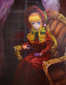 Rating: Safe Score: 0 Tags: 1girl blonde_hair blue_eyes bonnet bow cup curtains dress drill_hair flower image long_hair long_sleeves looking_at_viewer red_dress rose shinku sitting solo User: admin