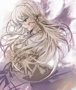 Rating: Safe Score: 0 Tags: 1girl dress flower frilled_sleeves frills hairband image long_hair long_sleeves monochrome red_eyes rose solo suigintou wings User: admin