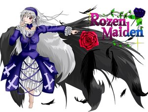 Rating: Safe Score: 0 Tags: 1girl black_wings dress feathers flower frills hairband image long_hair long_sleeves pink_rose purple_flower purple_rose red_eyes red_flower red_rose rose silver_hair smile solo suigintou wings User: admin