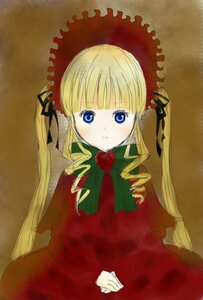 Rating: Safe Score: 0 Tags: 1girl bangs blonde_hair blue_eyes blush bonnet bow bowtie dress drill_hair flower green_bow image long_hair long_sleeves looking_at_viewer red_dress rose shinku simple_background solo twintails very_long_hair User: admin