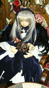Rating: Safe Score: 0 Tags: 1girl doll dress flower hair_over_one_eye long_hair red_flower rose sitting solo suigintou traditional_media User: admin
