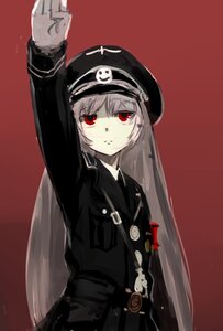 Rating: Safe Score: 0 Tags: 1girl arm_up belt closed_mouth gloves hat image long_hair long_sleeves looking_at_viewer military military_uniform peaked_cap red_background red_eyes simple_background solo suigintou uniform very_long_hair User: admin