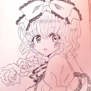 Rating: Safe Score: 0 Tags: 1girl bangs blush bow closed_mouth eyebrows_visible_through_hair flower hat hat_bow hinaichigo image looking_at_viewer monochrome pink_theme puffy_short_sleeves puffy_sleeves rose short_hair solo upper_body User: admin