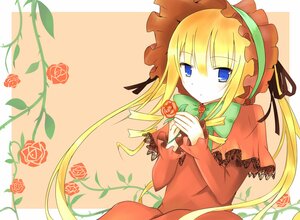 Rating: Safe Score: 0 Tags: 1girl blonde_hair blue_eyes bonnet bow bowtie capelet dress flower green_bow image long_hair long_sleeves looking_at_viewer pink_rose red_flower red_rose rose shinku solo User: admin