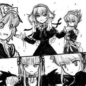 Rating: Safe Score: 0 Tags: dress greyscale image long_sleeves looking_at_viewer monochrome multiple multiple_girls short_hair smile suigintou tagme User: admin