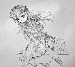 Rating: Safe Score: 0 Tags: 1girl closed_mouth dress frills greyscale hairband image lolita_hairband long_hair long_sleeves looking_at_viewer monochrome solo suigintou traditional_media User: admin