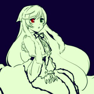 Rating: Safe Score: 0 Tags: 1girl :o dress frills heterochromia image juliet_sleeves long_hair long_sleeves looking_at_viewer monochrome puffy_sleeves red_eyes simple_background solo spot_color suiseiseki very_long_hair User: admin