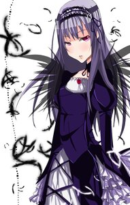 Rating: Safe Score: 0 Tags: 1girl blush choker dress feathers frills hairband image long_hair long_sleeves looking_at_viewer purple_eyes simple_background solo suigintou white_background User: admin