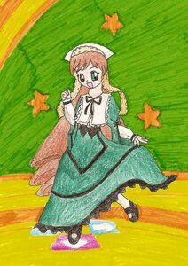 Rating: Safe Score: 0 Tags: 1girl :d brown_hair dress frills full_body green_dress green_eyes image long_hair long_sleeves open_mouth shoes smile solo standing star_(symbol) star_print starry_background suiseiseki traditional_media very_long_hair User: admin