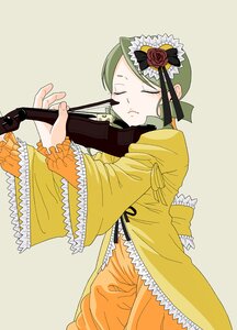 Rating: Safe Score: 0 Tags: 1girl closed_eyes flower frills green_hair hat image instrument kanaria playing_instrument rose solo violin User: admin
