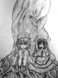 Rating: Safe Score: 0 Tags: 2girls dress frills greyscale hat image long_hair long_sleeves monochrome multiple_girls pair souseiseki suiseiseki traditional_media very_long_hair User: admin