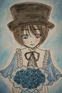 Rating: Safe Score: 0 Tags: 1girl blue_flower blue_rose bouquet brown_hair flower hat heterochromia holding image long_sleeves looking_at_viewer red_eyes rose short_hair smile solo souseiseki traditional_media upper_body User: admin