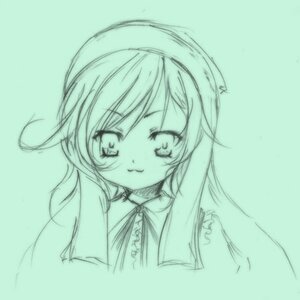 Rating: Safe Score: 0 Tags: 1girl closed_mouth eyebrows_visible_through_hair green_theme image long_hair looking_at_viewer monochrome simple_background sketch smile solo suiseiseki User: admin