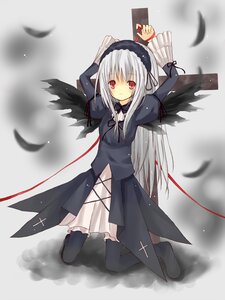 Rating: Safe Score: 0 Tags: 1girl arms_up black_feathers black_legwear black_wings dress feathers frills full_body hairband image juliet_sleeves kneeling long_hair long_sleeves looking_at_viewer red_eyes ribbon solo suigintou thighhighs wings User: admin