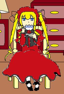 Rating: Safe Score: 0 Tags: 1girl blonde_hair blue_eyes bonnet dress flower full_body image lolita_fashion long_hair pixel_art ribbon rose shinku solo transparent_background twintails User: admin