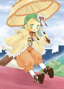 Rating: Safe Score: 0 Tags: 1girl blush day flower full_body green_eyes green_hair holding holding_umbrella image kanaria long_sleeves open_mouth outdoors parasol short_hair smile solo standing umbrella User: admin