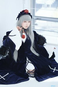 Rating: Safe Score: 0 Tags: 1girl bangs blunt_bangs dress flower gothic_lolita lolita_fashion long_hair long_sleeves looking_at_viewer rose silver_hair sitting solo suigintou User: admin