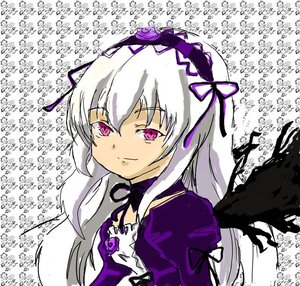 Rating: Safe Score: 0 Tags: 1girl black_wings dress flower frills hairband image juliet_sleeves long_hair long_sleeves looking_at_viewer pink_eyes puffy_sleeves purple_flower purple_rose ribbon rose silver_hair smile solo suigintou text_focus upper_body wings User: admin