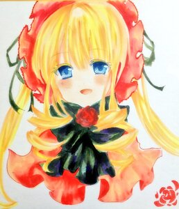 Rating: Safe Score: 0 Tags: 1girl :d blonde_hair blue_eyes blush bow dress drill_hair flower image long_hair looking_at_viewer open_mouth rose shinku smile solo traditional_media twin_drills twintails User: admin