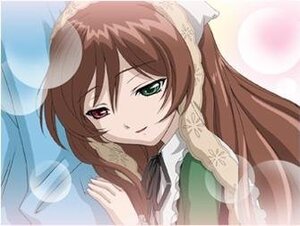 Rating: Safe Score: 0 Tags: 1girl brown_hair closed_mouth dress green_eyes heterochromia image long_hair looking_at_viewer simple_background smile solo suiseiseki upper_body User: admin