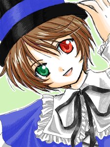 Rating: Safe Score: 0 Tags: 1girl :d brown_hair frills green_eyes hat heterochromia image long_sleeves looking_at_viewer open_mouth red_eyes ribbon short_hair simple_background smile solo souseiseki suiseiseki User: admin