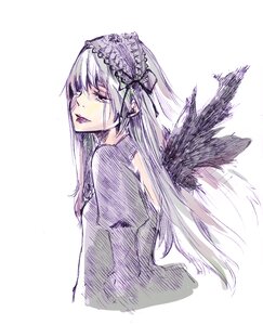 Rating: Safe Score: 0 Tags: 1girl black_wings dress feathered_wings feathers hairband image long_hair long_sleeves looking_at_viewer silver_hair simple_background solo suigintou white_background wings User: admin