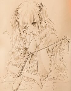 Rating: Safe Score: 0 Tags: 1girl boots cross-laced_footwear dress flower hair_ornament image kirakishou lineart long_hair monochrome mouth_hold rose sitting smile solo traditional_media twintails wavy_hair User: admin