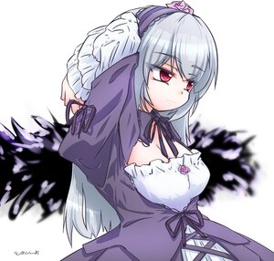 Rating: Safe Score: 3 Tags: 1girl black_wings breasts cleavage dress flower hairband image lolita_fashion lolita_hairband long_hair long_sleeves red_eyes silver_hair solo suigintou white_background wings User: admin