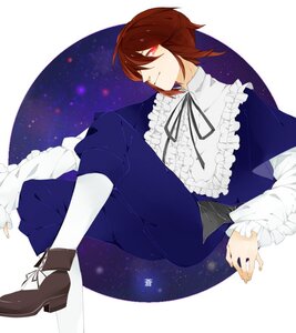 Rating: Safe Score: 0 Tags: 1boy brown_hair frilled_sleeves frills image long_sleeves night_sky pants red_eyes ribbon shirt shoes sitting sky smile solo souseiseki star_(sky) starry_sky User: admin