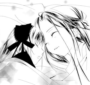 Rating: Safe Score: 0 Tags: 1boy 1girl blush bow closed_eyes facing_another greyscale image imminent_kiss monochrome profile solo suigintou User: admin