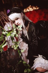 Rating: Safe Score: 0 Tags: 1girl black_dress closed_eyes dress flower frills gothic_lolita hairband lace lips lolita_fashion long_hair silver_hair sitting solo suigintou white_hair User: admin