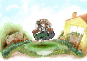 Rating: Safe Score: 0 Tags: 1girl brown_hair day dress drill_hair flower frills grass green_dress green_eyes hat house image long_sleeves open_mouth outdoors sky smile solo suiseiseki User: admin