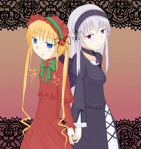 Rating: Safe Score: 0 Tags: 2girls blonde_hair blue_eyes dress frills green_neckwear hairband halftone halftone_background holding_hands image long_hair long_sleeves looking_at_viewer multiple_girls pair polka_dot polka_dot_background shinku silver_hair suigintou wings User: admin