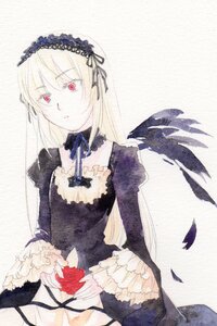 Rating: Safe Score: 0 Tags: 1girl black_dress black_wings dress flower frilled_sleeves frills hairband image long_hair long_sleeves looking_at_viewer puffy_sleeves red_eyes red_flower red_rose ribbon rose simple_background solo suigintou traditional_media white_background wings User: admin