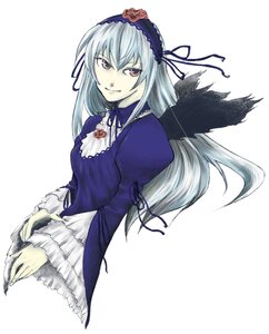 Rating: Safe Score: 0 Tags: 1girl black_wings dress flower frilled_sleeves frills hairband image juliet_sleeves long_hair long_sleeves looking_at_viewer puffy_sleeves red_eyes rose silver_hair simple_background smile solo suigintou white_background wings User: admin