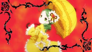 Rating: Safe Score: 0 Tags: 1girl drill_hair flower frills green_eyes green_hair hair_ornament image kanaria long_sleeves red_background rose solo umbrella User: admin