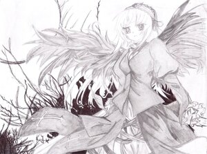 Rating: Safe Score: 0 Tags: 1girl dress frills greyscale image juliet_sleeves long_hair long_sleeves looking_at_viewer monochrome solo suigintou traditional_media wings User: admin