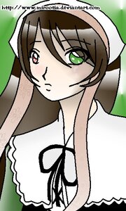 Rating: Safe Score: 0 Tags: 1girl brown_hair closed_mouth dress eyebrows_visible_through_hair green_background green_eyes heterochromia image long_hair red_eyes solo suiseiseki User: admin