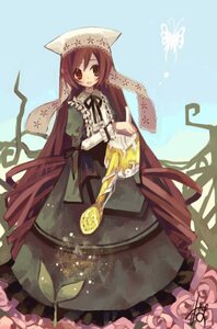 Rating: Safe Score: 0 Tags: 1girl brown_hair bug butterfly dress frills green_dress hat head_scarf heterochromia image insect long_hair long_sleeves looking_at_viewer open_mouth red_eyes solo standing suiseiseki very_long_hair watering_can User: admin