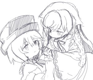 Rating: Safe Score: 0 Tags: 2girls blush dress eyebrows_visible_through_hair hat holding_hands image interlocked_fingers long_sleeves looking_at_another monochrome multiple_girls pair short_hair sketch smile souseiseki suiseiseki white_background yuri User: admin