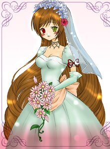 Rating: Safe Score: 0 Tags: 1girl blush bouquet brown_hair dress elbow_gloves flower gloves green_eyes heterochromia image long_hair red_eyes solo suiseiseki veil very_long_hair wedding_dress User: admin