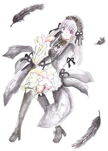 Rating: Safe Score: 0 Tags: 1girl bird black_feathers black_wings boots dress feathers flower frills full_body hairband image long_hair long_sleeves looking_at_viewer pink_eyes rose silver_hair sitting smile solo striped suigintou white_background wings User: admin