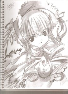 Rating: Safe Score: 0 Tags: 1girl auto_tagged bonnet dated frills greyscale image long_hair long_sleeves looking_at_viewer monochrome shinku smile solo torn_clothes traditional_media upper_body User: admin
