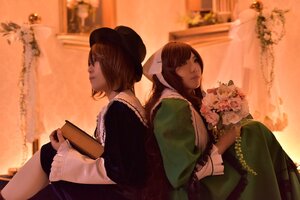 Rating: Safe Score: 0 Tags: 2girls back-to-back blurry bouquet brown_hair depth_of_field dress flower hat long_hair long_sleeves multiple_cosplay multiple_girls sitting sunset tagme User: admin